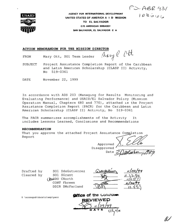 Project assistance completion report : Caribbean and Latin American scholarship (CLASP II) project, activity no. 519-0361