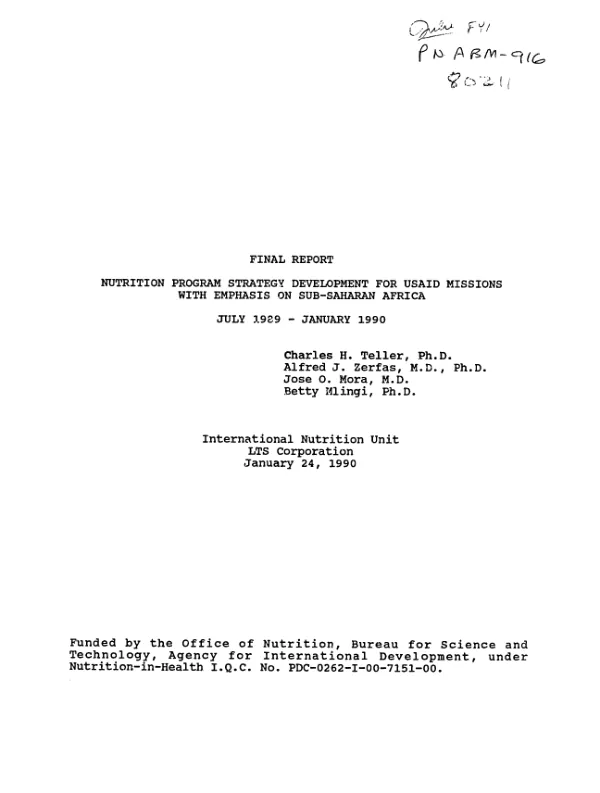 Nutrition program strategy development for USAID missions with emphasis on sub-Saharan Africa, July 1989-January 1990