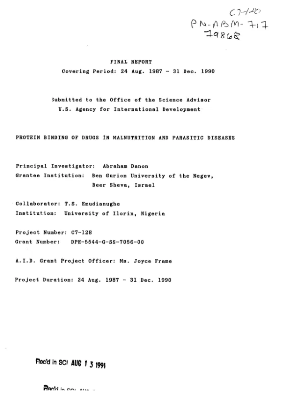 Final report covering period 24 Aug. 1987-31 Dec. 1990 : protein binding of drugs in malnutrition and parasitic diseases