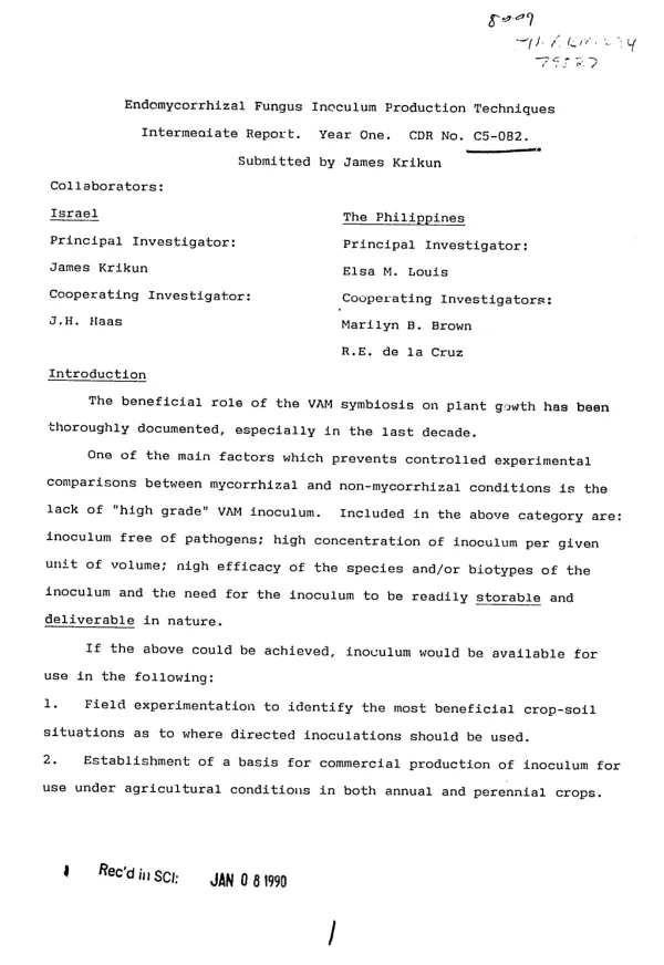 Endomycorrhizal fungus inoculum production techniques -- intermediate report - year one