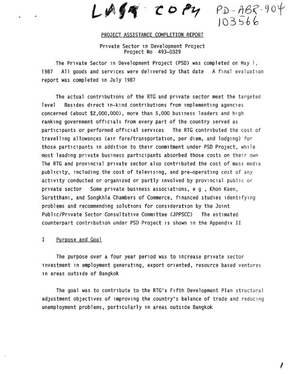 Project assistance completion report : private sector in development project -- project no. 493-0329