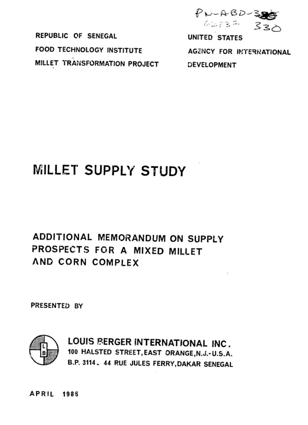 Millet supply study : additional memorandum on supply prospects for a mixed millet and corn complex