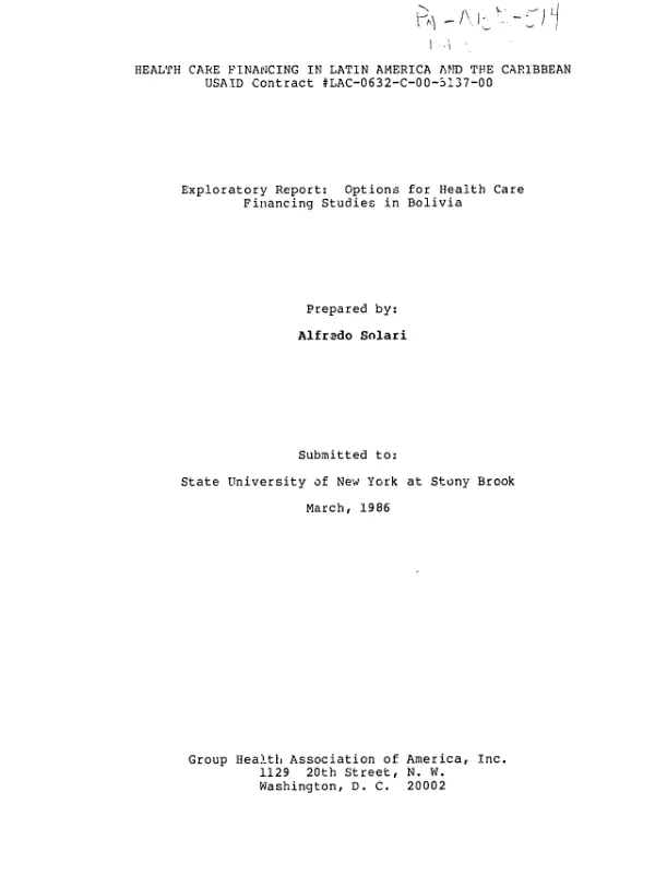 Exploratory report : options for health care financing studies in Bolivia