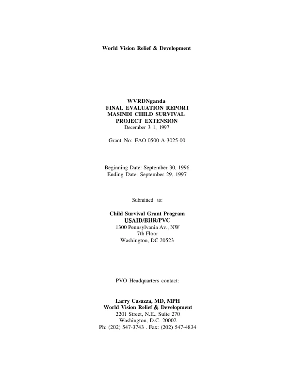 WVRD Nganda [i.e. Uganda] : final evaluation report -- Masindi child survival : project extension
