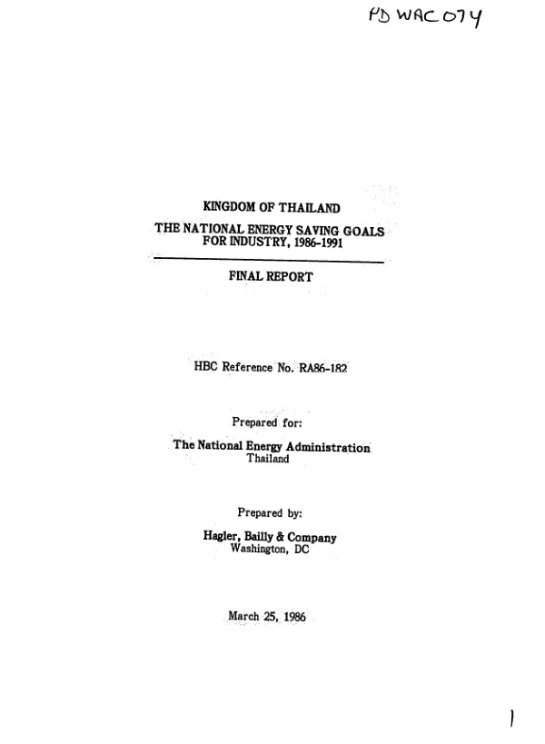 Kingdom of Thailand : the national energy saving goals for industry, 1986-1991, final report