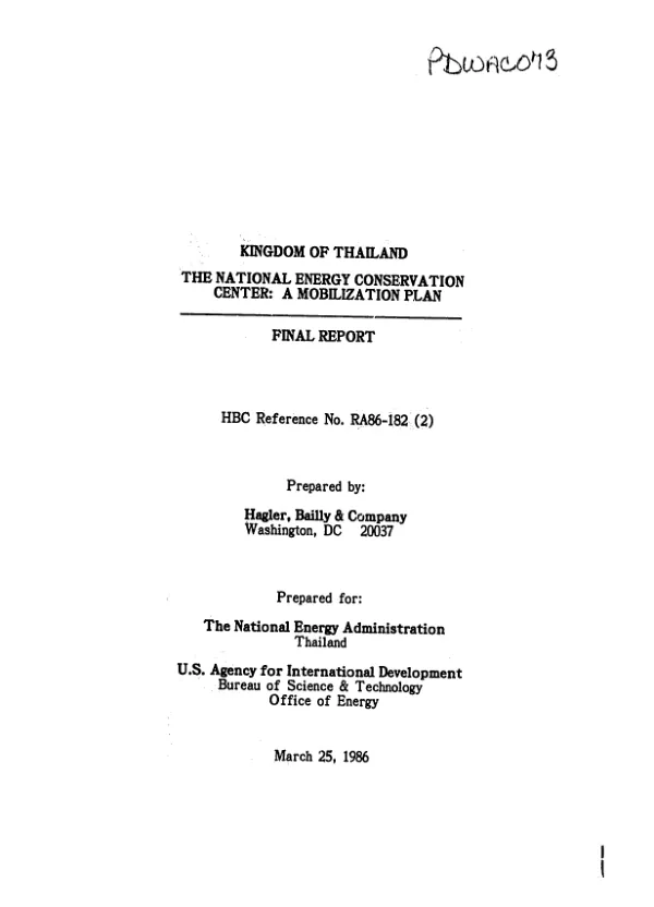 Kingdom of Thailand - the national energy conservation center : a mobilization plan - final report