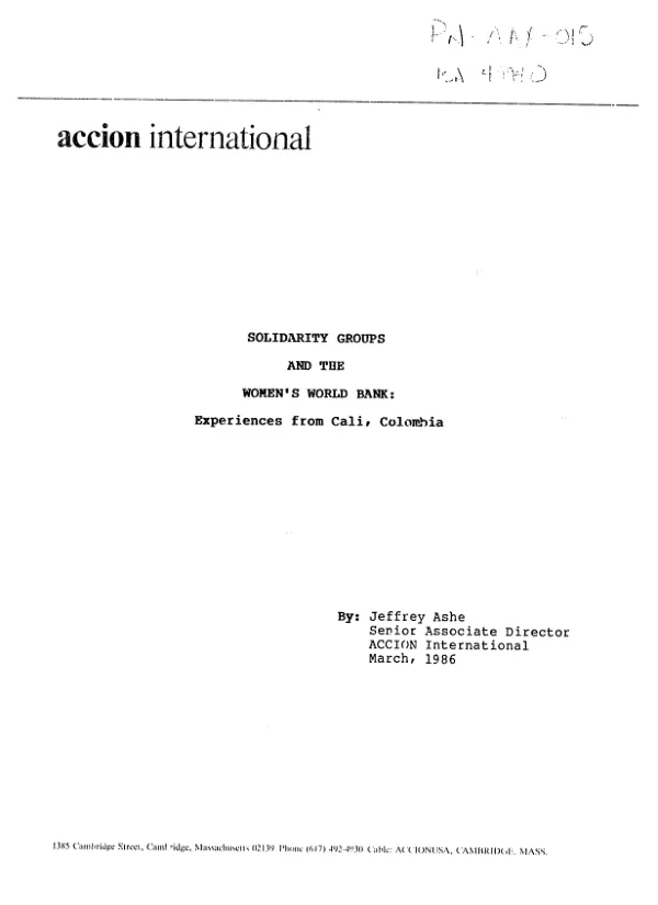 Solidarity groups and the Women"s World Bank : experiences from Cali, Colombia