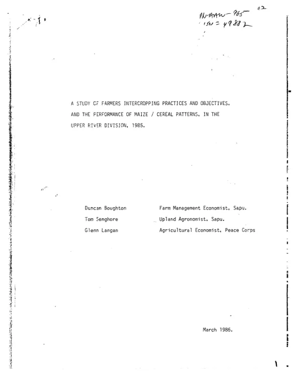 Study of farmers intercropping practices and objectives, and the performance of maize/cereal patterns, in the upper river division, 1985