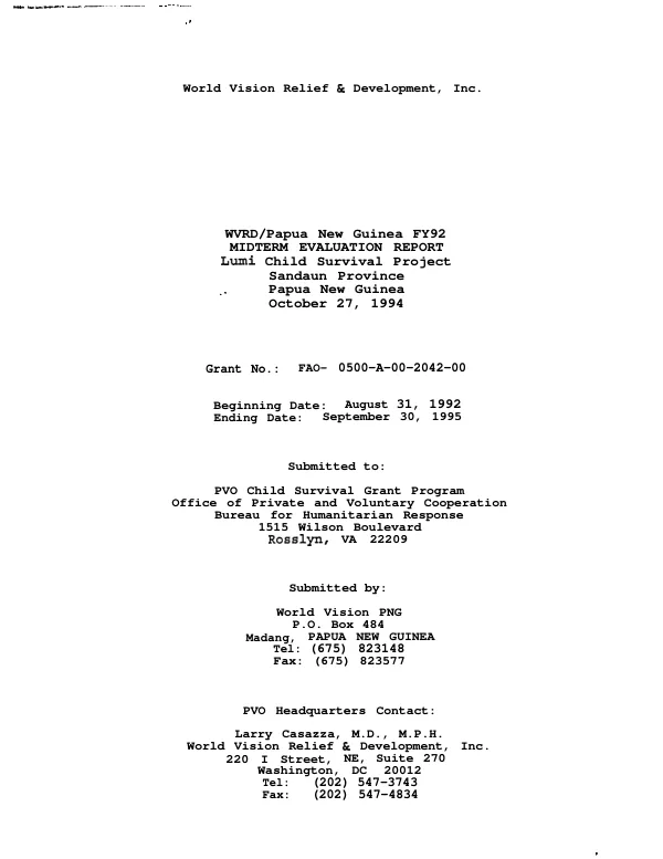 WVRD/Papua New Guinea FY 92 : midterm evaluation report -- Lumi child survival project, Sandaun Province, Papua New Guinea