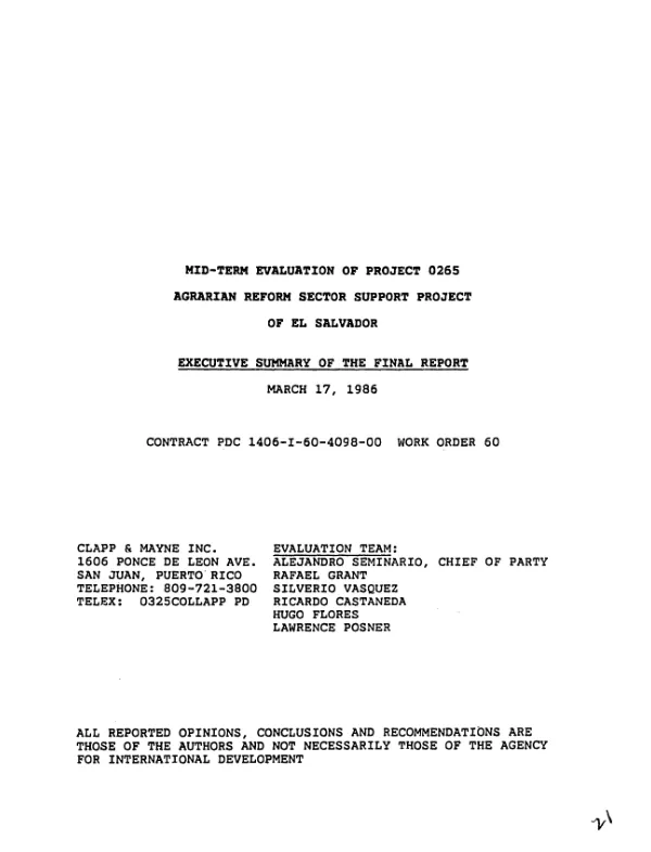 Mid-term evaluation of project 0265, agrarian reform sector support project of El Salvador : executive summary of the final report