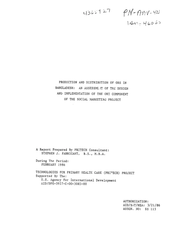 Production and distribution of ORS in Bangladesh : an assessment of the design and implementation of the ORT component of the social marketing project