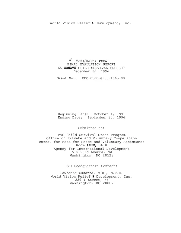 WVRD/Haiti FY 91 : final evaluation report : La Gonave child survival project