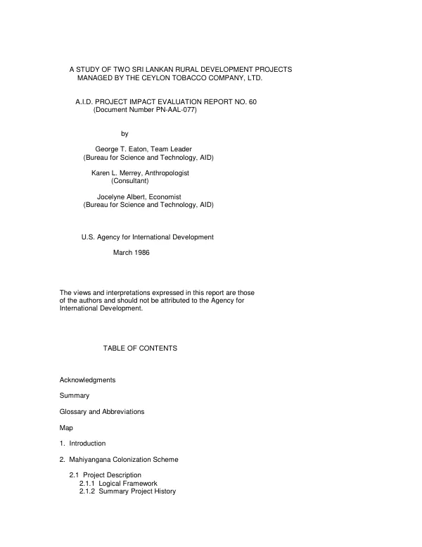 Study of two Sri Lankan rural development projects managed by the Ceylon Tobacco Co., Ltd.