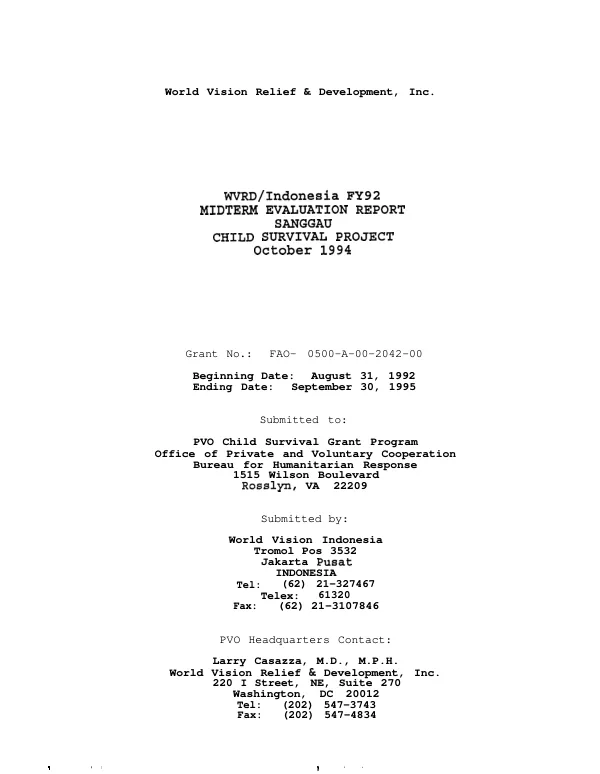 WVRD/Indonesia FY 92 : midterm evaluation report -- Sanggau child survival project report