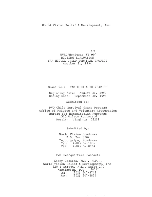 WVRD/Honduras FY 92 : midterm evaluation -- San Miguel child survival project