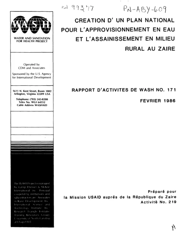 Creation d"un plan national pour l"approvisionnement en eau et l"assainissement en milieu rural au Zaire