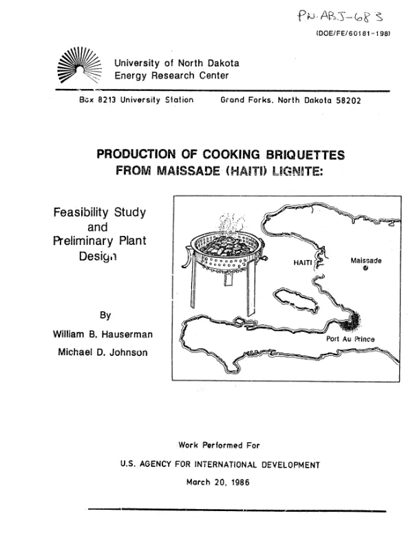 Production of cooking briquettes from maissade (Haiti) lignite : feasibility study and preliminary plant design