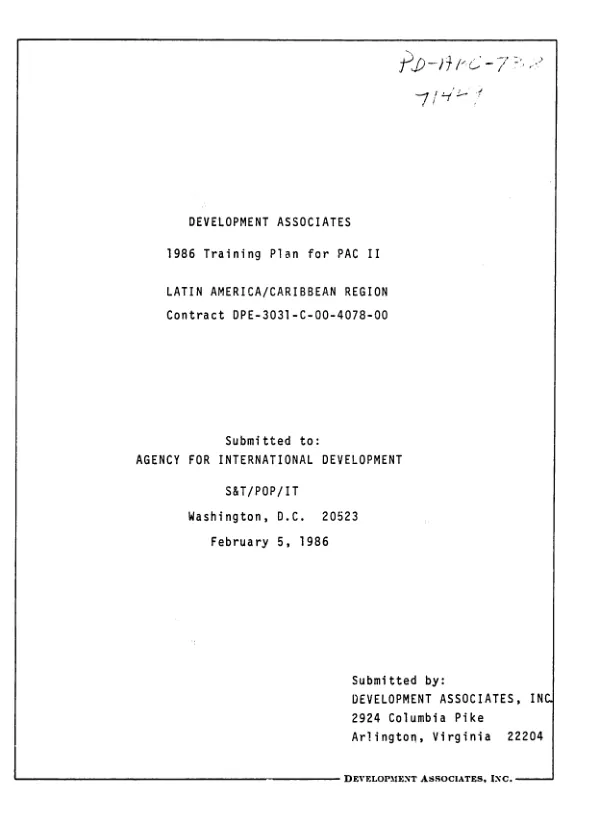 Development Associates 1986 training plan for PAC II, Latin America/Caribbean Region