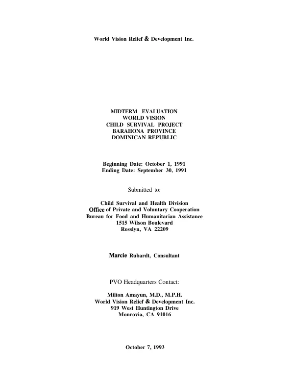 Midterm evaluation : World Vision child survival project, Barahona Province, Dominican Republic