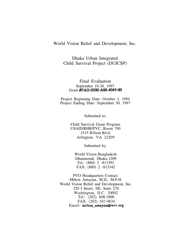 Dhaka[, Bangladesh] urban integrated child survival project (DUICSP) : final evaluation -- grant #FAO-0500-A-00-4049-00