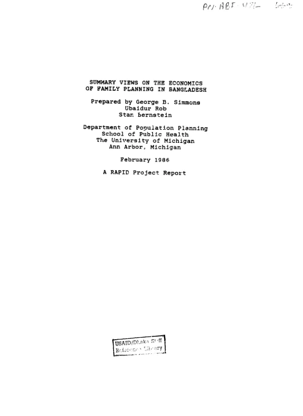 Summary views on the economics of family planning in Bangladesh
