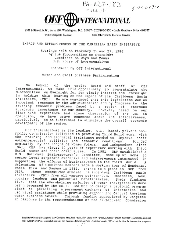 Impact and effectiveness of the Caribbean Basin initiative : hearings held on February 25 and 27, 1986 by the Subcommittee on Oversight, Committee on Ways and Means, US House of Representatives -- statement by OEF International -- women and small business participation