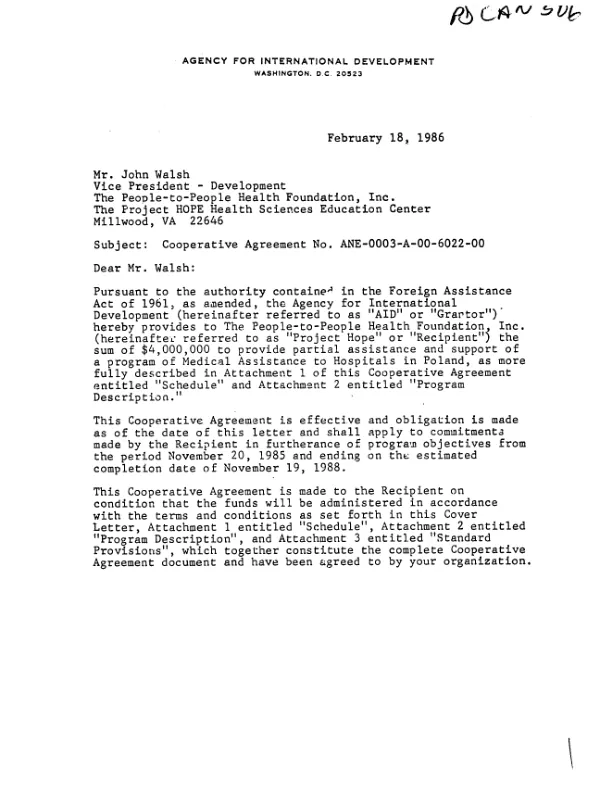 AID grant to the People to People Health Foundation, Inc. for a program of medical assistance to hospitals in Poland