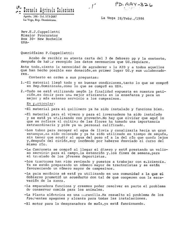 Final report : Escuela Agricola Salesiana in La Vega, Dominican Republic
