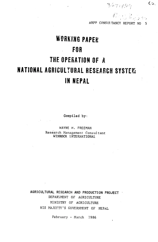 Working paper for the operation of a national agricultural research system in Nepal
