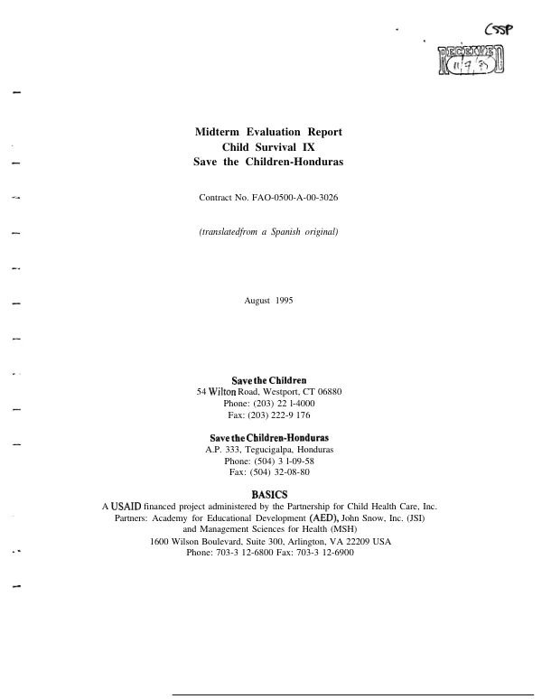 Midterm evaluation report : child survival IX, Save the Children-Honduras