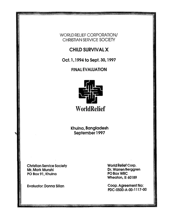 World Relief Corporation/Christian Service Society : child survival X, Oct. 1, 1994 to Sept. 30, 1997, Khulna, Bangladesh -- final evaluation