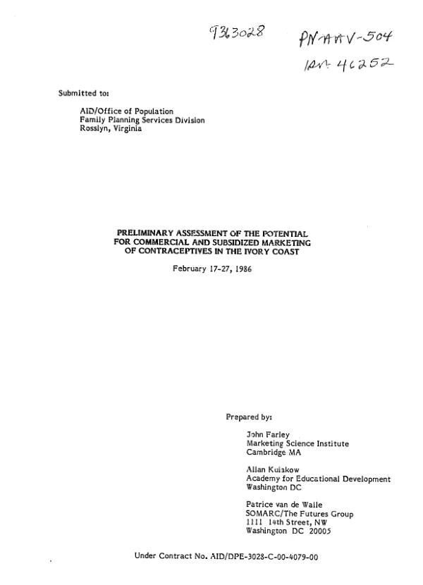 Preliminary assessment of the potential for commercial and subsidized marketing of contraceptives in the Ivory Coast