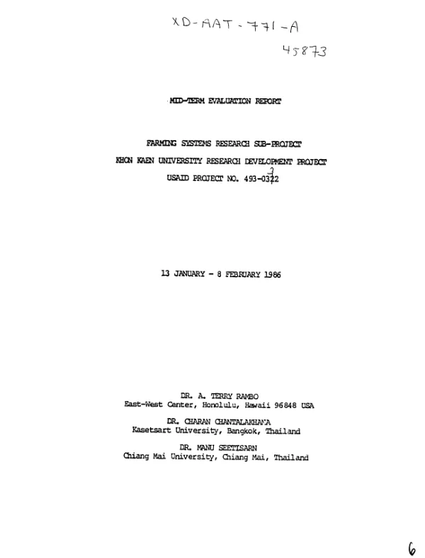 Mid-term evaluation report : farming systems research sub-project; Khon Kaen University research development project, USAID project no. 493-0332