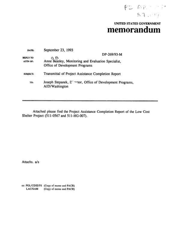 Project completion report of the low cost shelter project (511-0567 and 511-HG-007)
