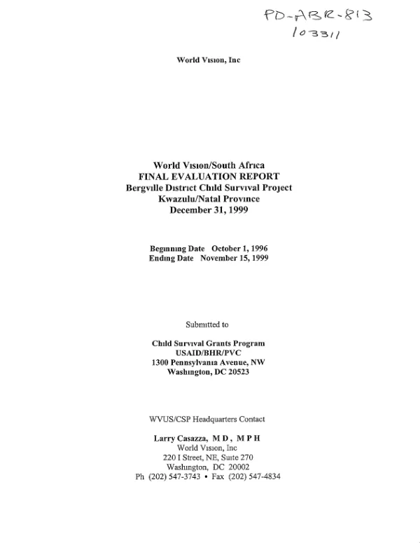 World Vision/South Africa : final evaluation report -- Bergville District child survival project, Kwazulu/Natal Province