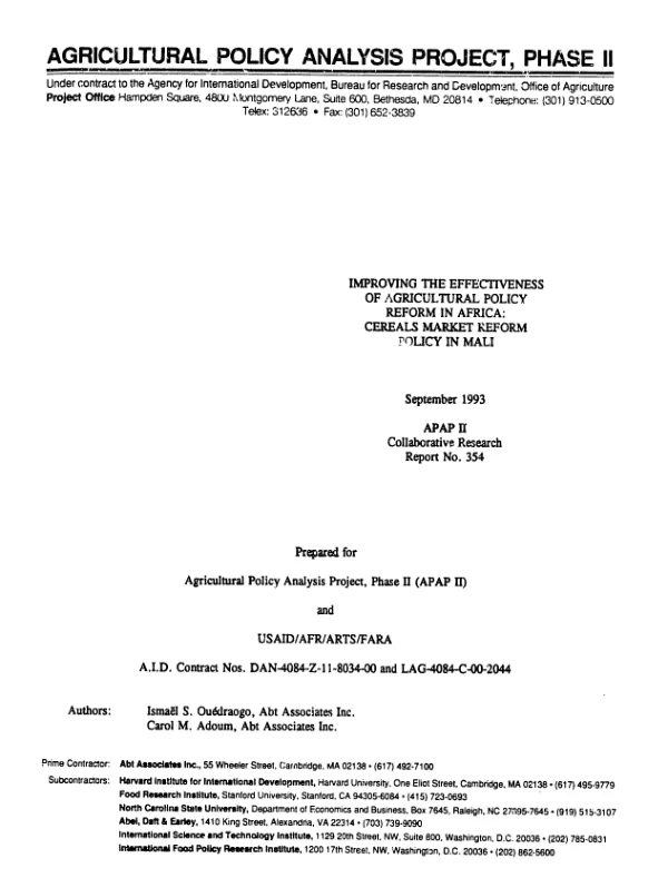 Improving the effectiveness of agricultural policy reform in Africa : cereals market reform policy in Mali