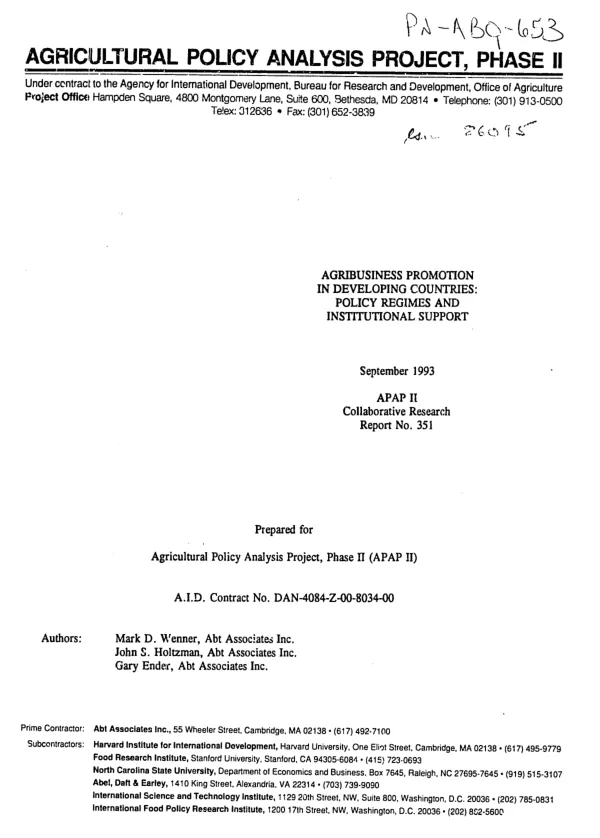 Agribusiness promotion in developing countries : policy regimes and institutional support