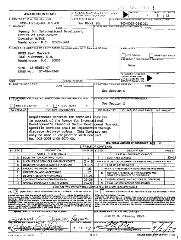 AID grant no. PCE-0025-Q-00-3071-00 to KPMG Peat Marwick in support of the financial sector development project