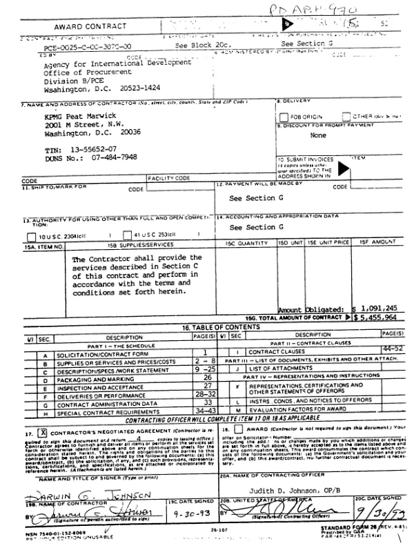 AID grant no. PCE-0025-C-00-3070-00 to KPMG Peat Marwick in support of the financial sector development project
