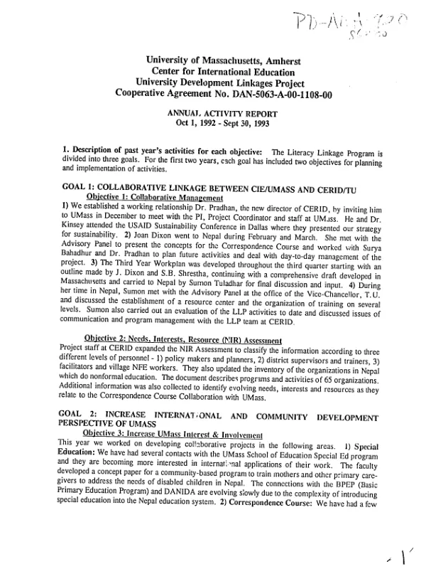 University of Massachusetts, Amherst, Center for International Education -- university development linkages project, cooperative agreement no. DAN-5063-A-00-1108-00 : annual activity report, October 1, 1992-September 30, 1993