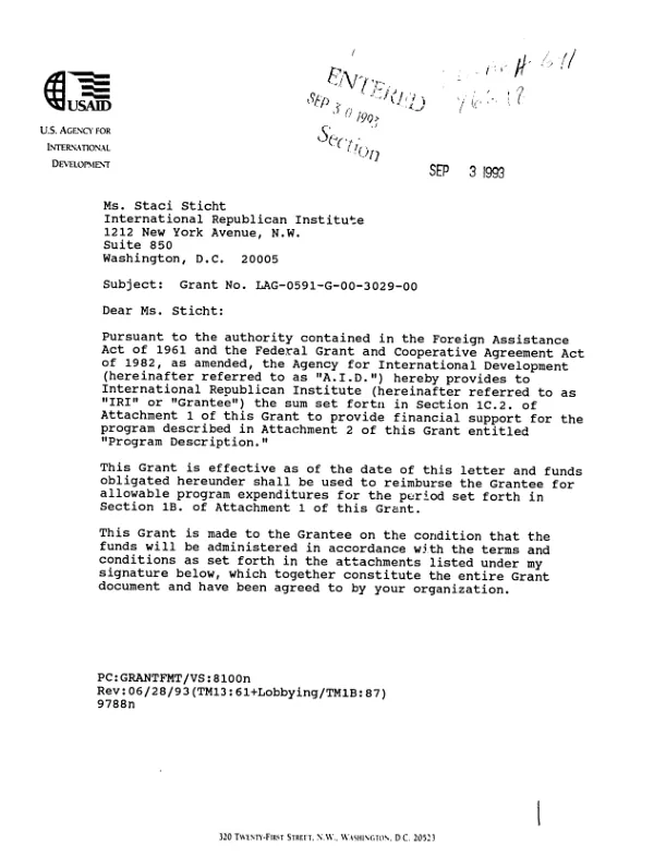 AID grant agreement no. LAG-0591-G-00-3029-00 with International Republican Institute (IRI) in support of its proposal, entitled `South American Regional economic training program"