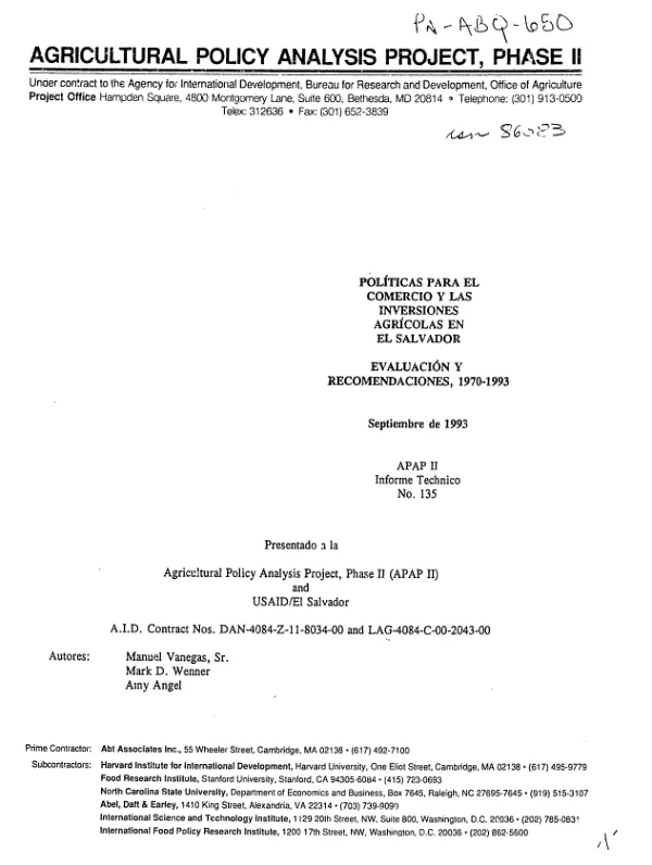 Politicas para el comercio y las inversiones agricolas en El Salvador : evaluacion y recomendaciones, 1970-1993