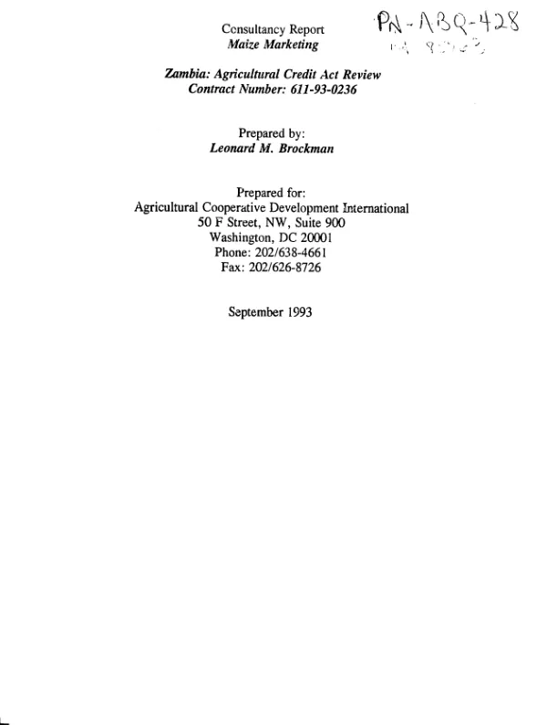 Consultancy report -- maize marketing : Zambia agricultural training, planning and institutional development -- purchase order number 611-93-0236