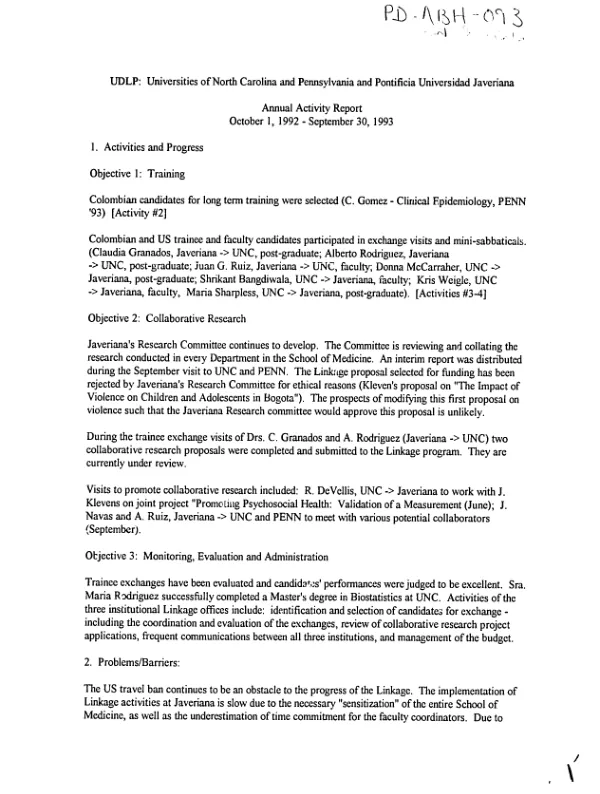 UDLP [University Development Linkages Program] : Universities of North Carolina and Pennsylvania and Pontificia Universidad Javeriana -- annual activity report, October 1, 1992-September 30, 1993
