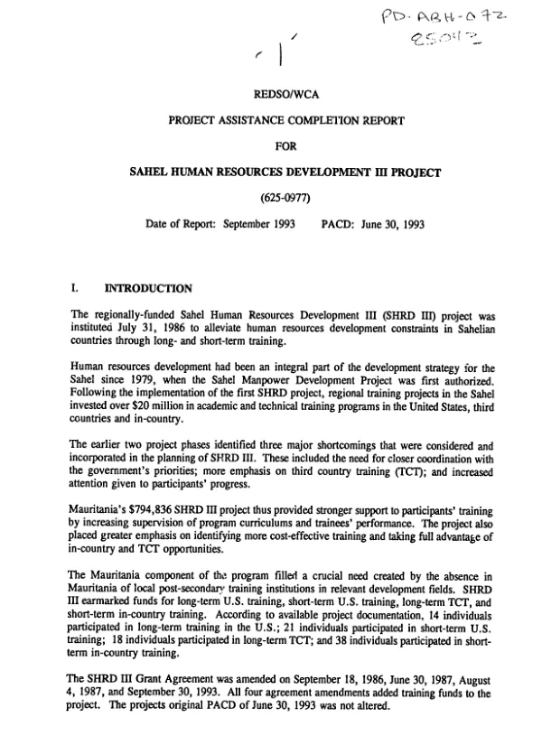 REDSO/WCA project assistance completion report for Sahel human resources development III project (625-0977)