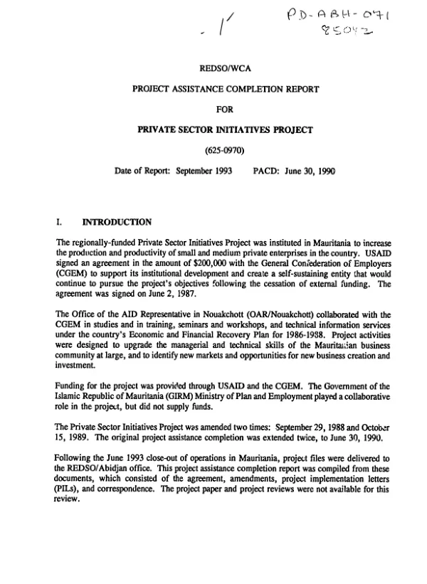 REDSO/WCA project assistance completion report for private sector initiatives project (625-0970)