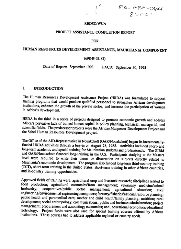 REDSO/WCA project assistance completion report for human resources development assistance, Mauritania component (698-0463.82)