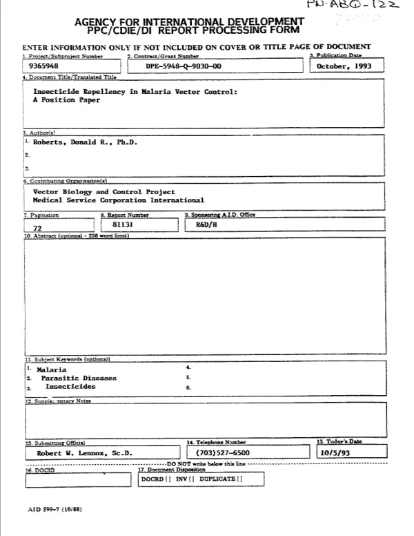 Insecticide repellency in malaria vector control : a position paper