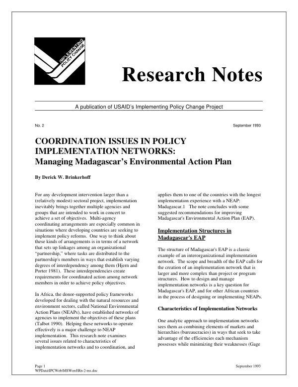 Coordination issues in policy implementation networks : managing Madagascar"s environmental action plan