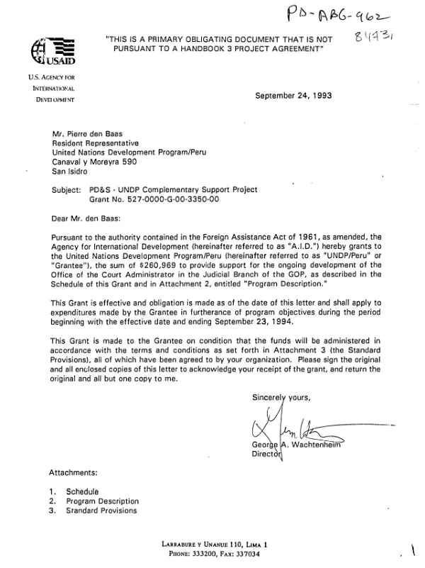 AID PD & S - UNDP complementary support project grant no. 527-0000-G-00-3350-00 to the United Nations Development Program/Peru